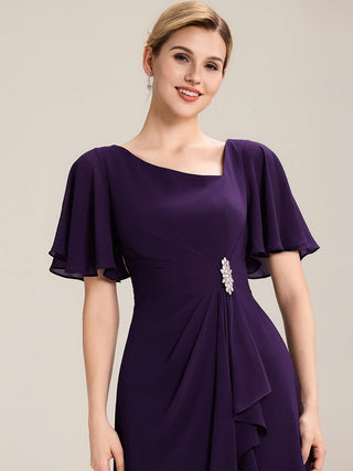 Short Sleeve Ruffle Asymmetrical A-Line Midi Evening Dresses