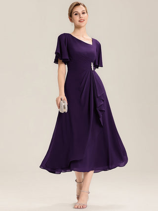 Short Sleeve Ruffle Asymmetrical A-Line Midi Evening Dresses
