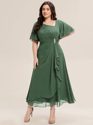 Plus Size Short Sleeve Ruffle Asymmetrical A-Line Midi Evening Dresses