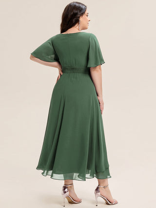 Plus Size Short Sleeve Ruffle Asymmetrical A-Line Midi Evening Dresses