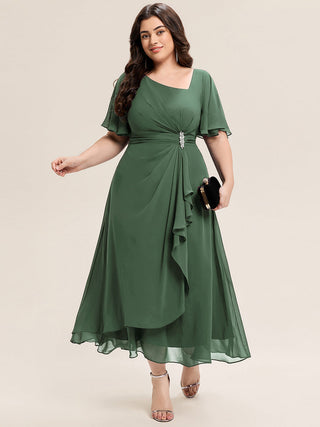 Plus Size Short Sleeve Ruffle Asymmetrical A-Line Midi Evening Dresses