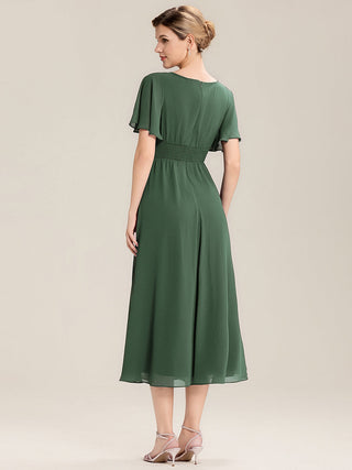 Short Sleeve Ruffle Asymmetrical A-Line Midi Evening Dresses