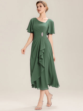 Short Sleeve Ruffle Asymmetrical A-Line Midi Evening Dresses