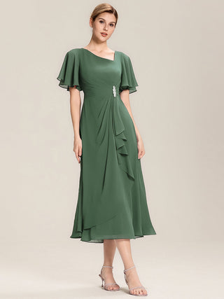 Short Sleeve Ruffle Asymmetrical A-Line Midi Evening Dresses