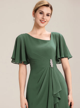 Short Sleeve Ruffle Asymmetrical A-Line Midi Evening Dresses