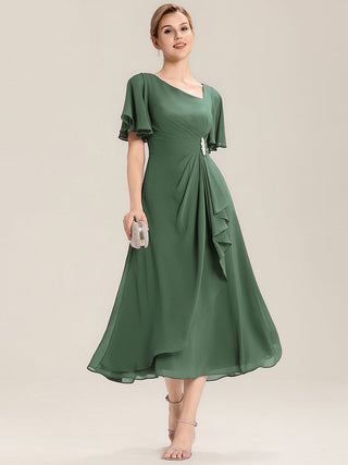 Short Sleeve Ruffle Asymmetrical A-Line Midi Evening Dresses