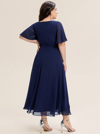 Plus Size Short Sleeve Ruffle Asymmetrical A-Line Midi Evening Dresses