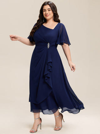 Short Sleeve Ruffle Asymmetrical A-Line Midi Evening Dresses
