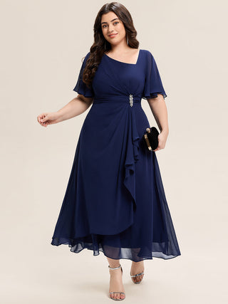 Short Sleeve Ruffle Asymmetrical A-Line Midi Evening Dresses