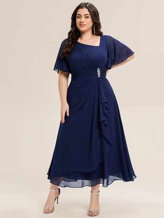 Plus Size Short Sleeve Ruffle Asymmetrical A-Line Midi Evening Dresses