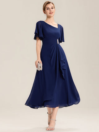 Short Sleeve Ruffle Asymmetrical A-Line Midi Evening Dresses