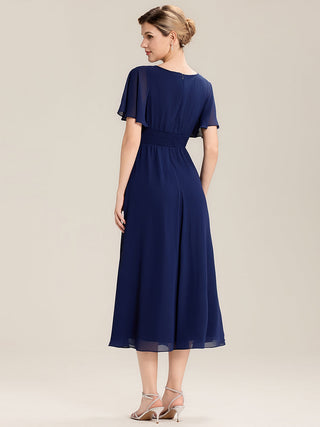 Short Sleeve Ruffle Asymmetrical A-Line Midi Evening Dresses