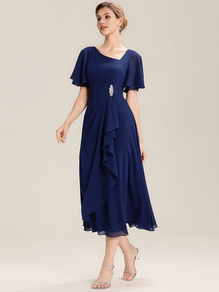 Short Sleeve Ruffle Asymmetrical A-Line Midi Evening Dresses