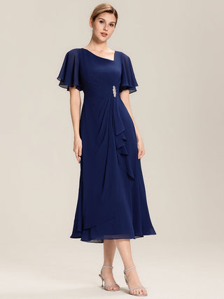 Short Sleeve Ruffle Asymmetrical A-Line Midi Evening Dresses