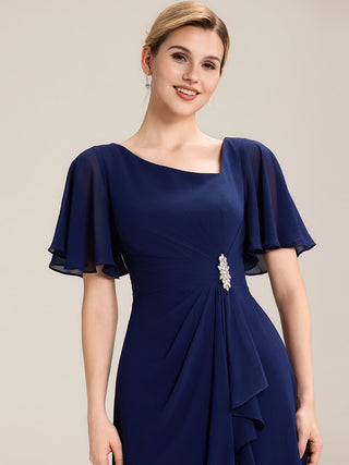 Short Sleeve Ruffle Asymmetrical A-Line Midi Evening Dresses