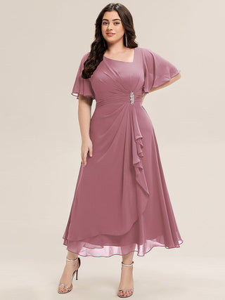 Plus Size Short Sleeve Ruffle Asymmetrical A-Line Midi Evening Dresses