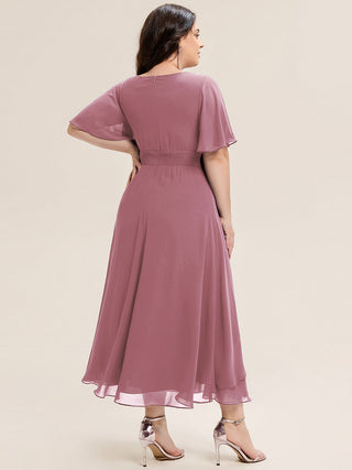 Plus Size Short Sleeve Ruffle Asymmetrical A-Line Midi Evening Dresses