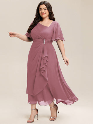 Plus Size Short Sleeve Ruffle Asymmetrical A-Line Midi Evening Dresses