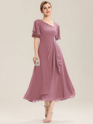 Short Sleeve Ruffle Asymmetrical A-Line Midi Evening Dresses