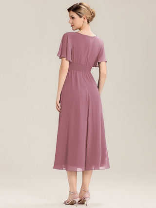 Short Sleeve Ruffle Asymmetrical A-Line Midi Evening Dresses