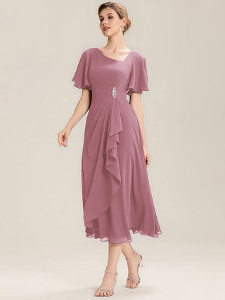 Short Sleeve Ruffle Asymmetrical A-Line Midi Evening Dresses