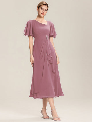 Short Sleeve Ruffle Asymmetrical A-Line Midi Evening Dresses