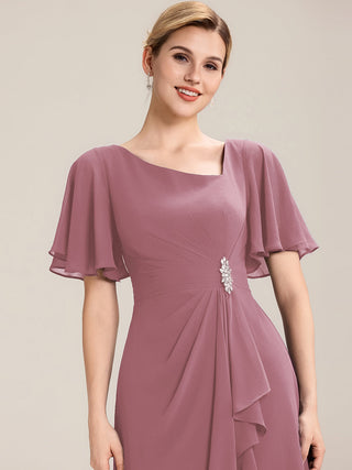Short Sleeve Ruffle Asymmetrical A-Line Midi Evening Dresses