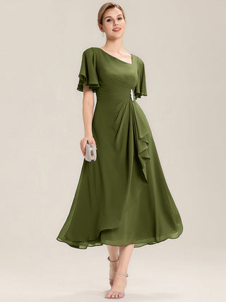 Short Sleeve Ruffle Asymmetrical A-Line Midi Evening Dresses