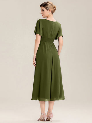 Short Sleeve Ruffle Asymmetrical A-Line Midi Evening Dresses