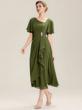 Short Sleeve Ruffle Asymmetrical A-Line Midi Evening Dresses