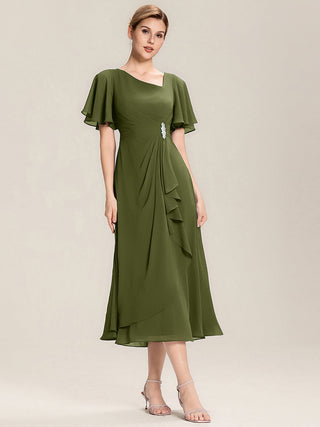 Short Sleeve Ruffle Asymmetrical A-Line Midi Evening Dresses