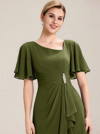 Short Sleeve Ruffle Asymmetrical A-Line Midi Evening Dresses