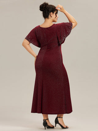 Plus Size Short Sleeve Ruffle Beaded Fishtail Maxi Evening Dresses