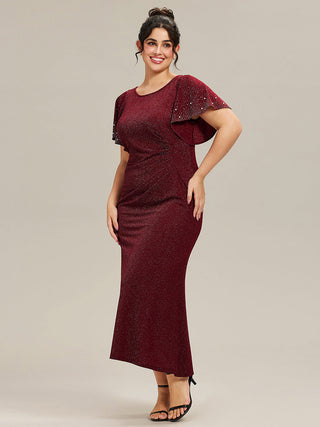 Plus Size Short Sleeve Ruffle Beaded Fishtail Maxi Evening Dresses