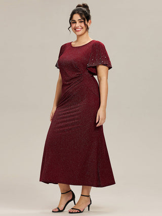 Plus Size Short Sleeve Ruffle Beaded Fishtail Maxi Evening Dresses