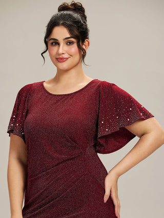 Plus Size Short Sleeve Ruffle Beaded Fishtail Maxi Evening Dresses