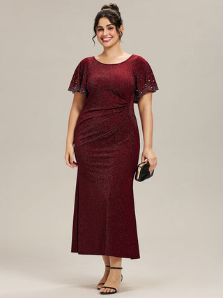 Plus Size Short Sleeve Ruffle Beaded Fishtail Maxi Evening Dresses