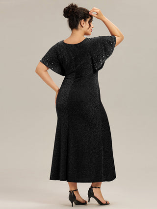 Plus Size Short Sleeve Ruffle Beaded Fishtail Maxi Evening Dresses