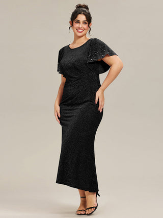Plus Size Short Sleeve Ruffle Beaded Fishtail Maxi Evening Dresses