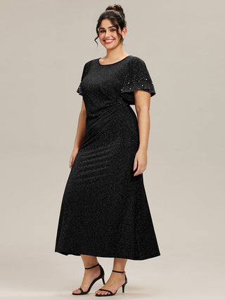 Plus Size Short Sleeve Ruffle Beaded Fishtail Maxi Evening Dresses