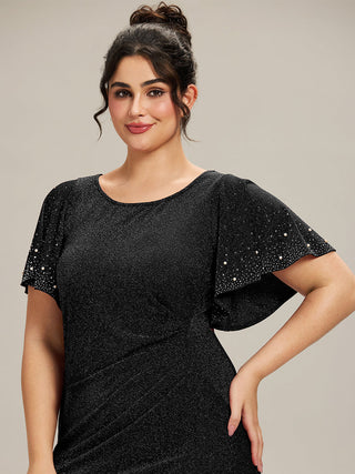 Plus Size Short Sleeve Ruffle Beaded Fishtail Maxi Evening Dresses