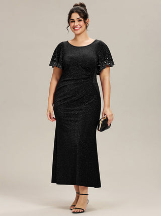 Plus Size Short Sleeve Ruffle Beaded Fishtail Maxi Evening Dresses