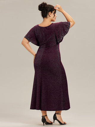 Plus Size Short Sleeve Ruffle Beaded Fishtail Maxi Evening Dresses