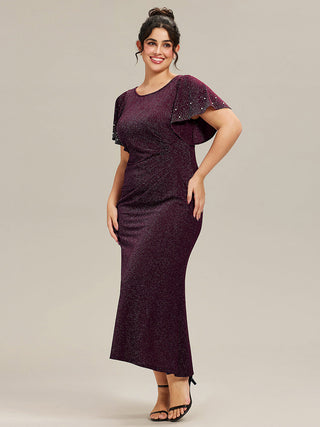 Plus Size Short Sleeve Ruffle Beaded Fishtail Maxi Evening Dresses