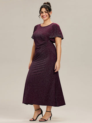 Plus Size Short Sleeve Ruffle Beaded Fishtail Maxi Evening Dresses