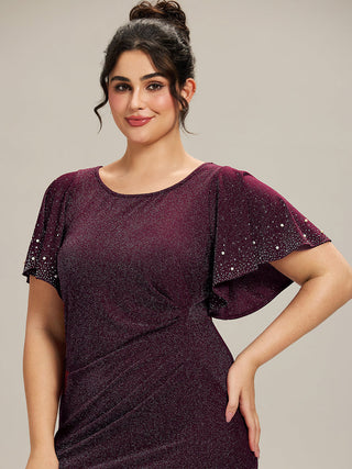 Plus Size Short Sleeve Ruffle Beaded Fishtail Maxi Evening Dresses