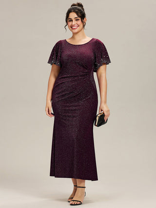 Plus Size Short Sleeve Ruffle Beaded Fishtail Maxi Evening Dresses