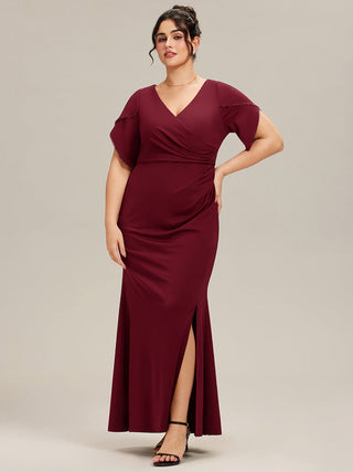 Short Sleeve Fishtail Deep V-Neck Thigh-High Slit Evening Dresses