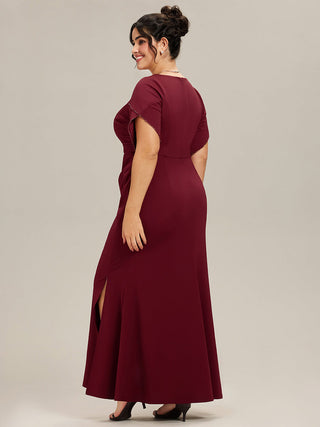 Short Sleeve Fishtail Deep V-Neck Thigh-High Slit Evening Dresses