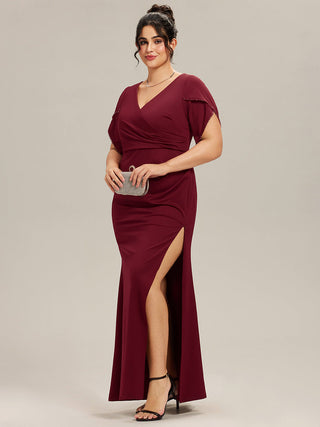 Short Sleeve Fishtail Deep V-Neck Thigh-High Slit Evening Dresses